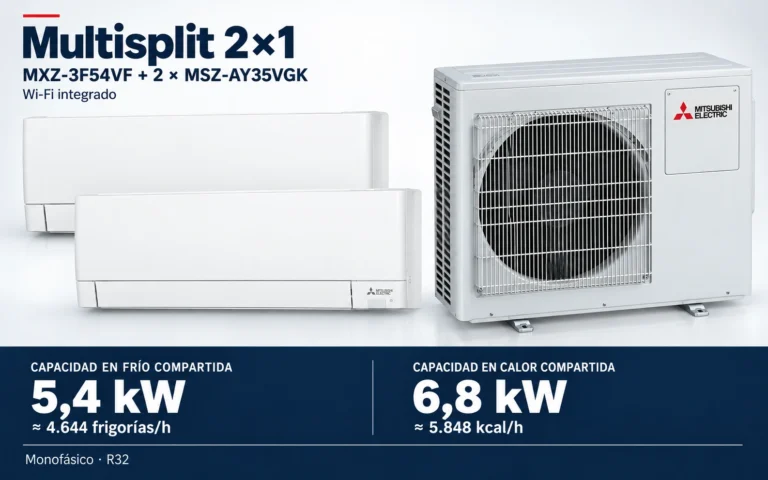 Representación ilustrativa Multisplit 2×1: MXZ-3F54VF + 2 × MSZ-AY35VGK. Capacidad en frío compartida: 5.4 kW, aproximadamente 4644 frigorías por hora. Capacidad en calor: 6.8 kW. Render basado en fotografías de referencia; originales en la galería, no a escala.