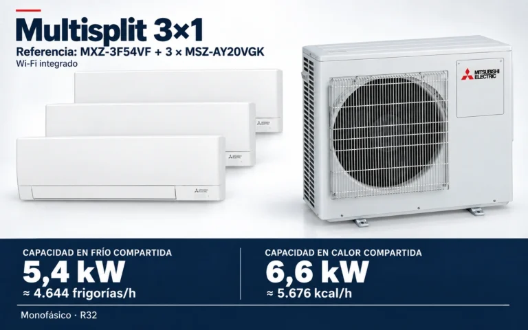 Representación ilustrativa Multisplit 3×1: MXZ-3F54VF + 3 × MSZ-AY20VGK. Capacidad en frío compartida: 5.4 kW, aproximadamente 4644 frigorías por hora. Capacidad en calor: 6.6 kW. Render basado en fotografías de referencia; originales en la galería, no a escala.