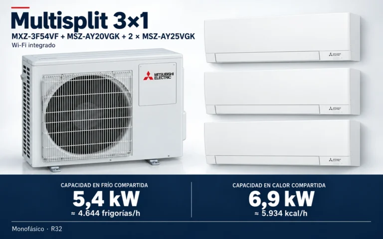 Representación ilustrativa Multisplit 3×1: MXZ-3F54VF + MSZ-AY20VGK + 2 × MSZ-AY25VGK. Capacidad en frío compartida: 5.4 kW, aproximadamente 4644 frigorías por hora. Capacidad en calor: 6.9 kW. Render basado en fotografías de referencia; originales en la galería, no a escala.