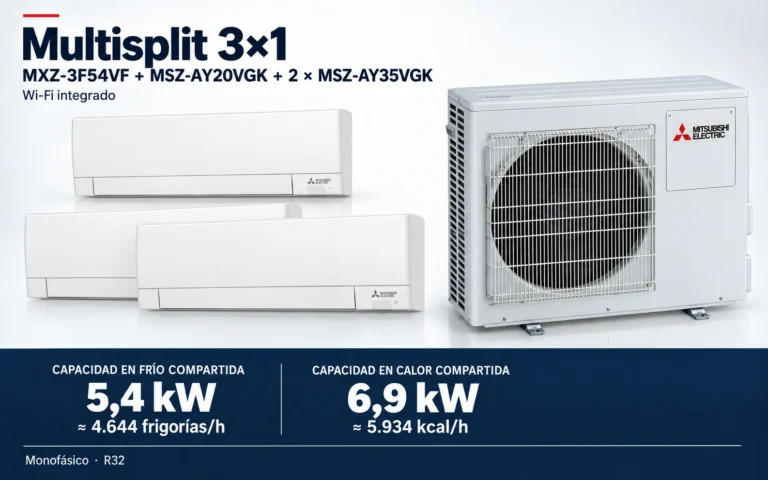 Representación ilustrativa Multisplit 3×1: MXZ-3F54VF + MSZ-AY20VGK + 2 × MSZ-AY35VGK. Capacidad en frío compartida: 5.4 kW, aproximadamente 4644 frigorías por hora. Capacidad en calor: 6.9 kW. Render basado en fotografías de referencia; originales en la galería, no a escala.