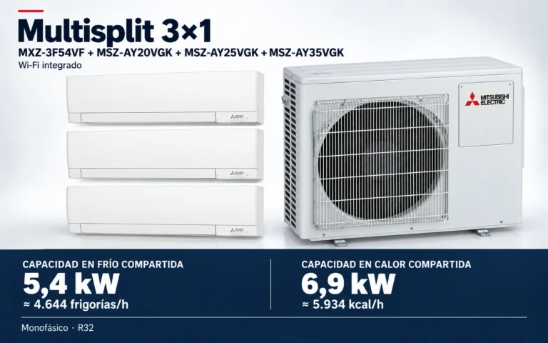 Representación ilustrativa Multisplit 3×1: MXZ-3F54VF + MSZ-AY20VGK + MSZ-AY25VGK + MSZ-AY35VGK. Capacidad en frío compartida: 5.4 kW, aproximadamente 4644 frigorías por hora. Capacidad en calor: 6.9 kW. Render basado en fotografías de referencia; originales en la galería, no a escala.