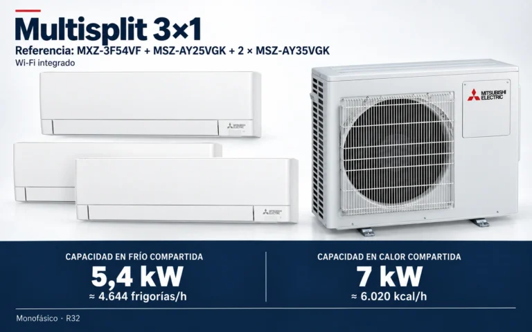 Representación ilustrativa Multisplit 3×1: MXZ-3F54VF + MSZ-AY25VGK + 2 × MSZ-AY35VGK. Capacidad en frío compartida: 5.4 kW, aproximadamente 4644 frigorías por hora. Capacidad en calor: 7 kW. Render basado en fotografías de referencia; originales en la galería, no a escala.