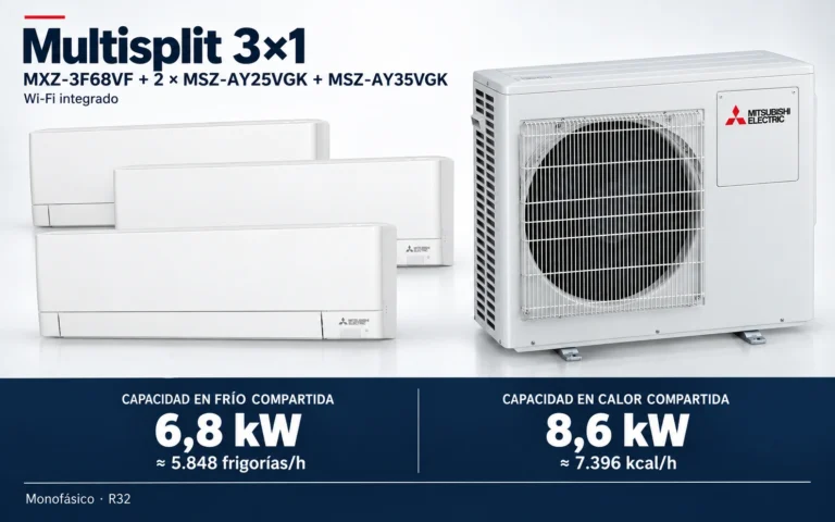 Representación ilustrativa Multisplit 3×1: MXZ-3F68VF + 2 × MSZ-AY25VGK + MSZ-AY35VGK. Capacidad en frío compartida: 6.8 kW, aproximadamente 5848 frigorías por hora. Capacidad en calor: 8.6 kW. Render basado en fotografías de referencia; originales en la galería, no a escala.
