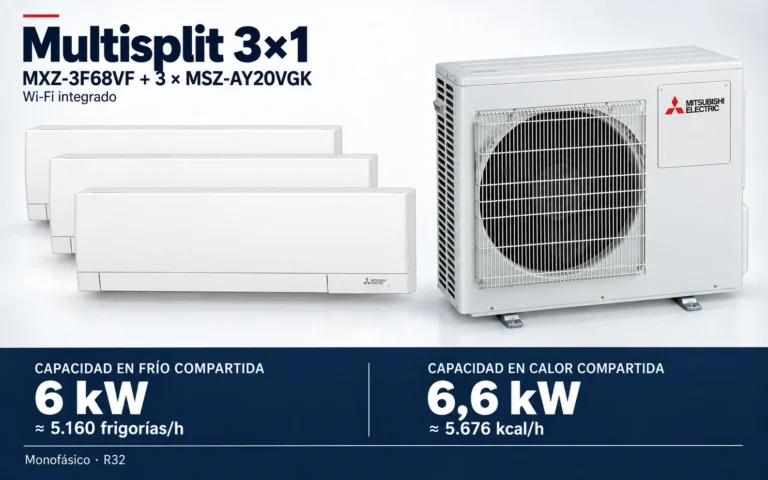 Representación ilustrativa Multisplit 3×1: MXZ-3F68VF + 3 × MSZ-AY20VGK. Capacidad en frío compartida: 6 kW, aproximadamente 5160 frigorías por hora. Capacidad en calor: 6.6 kW. Render basado en fotografías de referencia; originales en la galería, no a escala.
