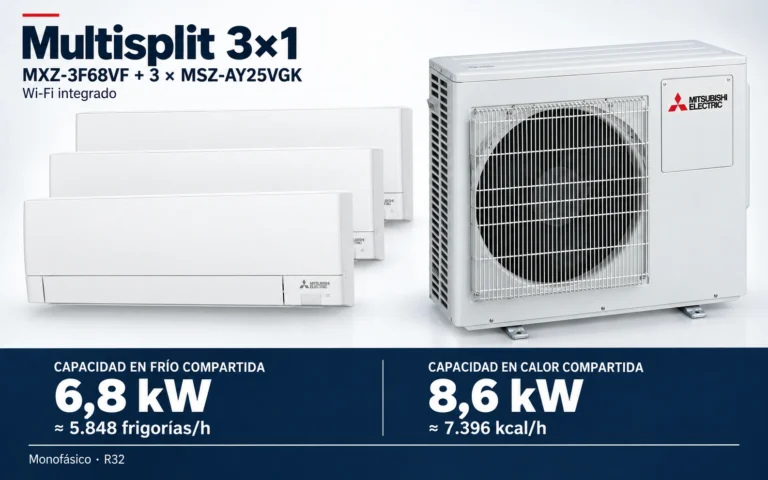 Representación ilustrativa Multisplit 3×1: MXZ-3F68VF + 3 × MSZ-AY25VGK. Capacidad en frío compartida: 6.8 kW, aproximadamente 5848 frigorías por hora. Capacidad en calor: 8.6 kW. Render basado en fotografías de referencia; originales en la galería, no a escala.