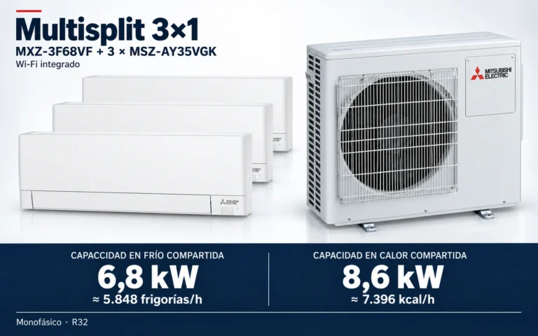Representación ilustrativa Multisplit 3×1: MXZ-3F68VF + 3 × MSZ-AY35VGK. Capacidad en frío compartida: 6.8 kW, aproximadamente 5848 frigorías por hora. Capacidad en calor: 8.6 kW. Render basado en fotografías de referencia; originales en la galería, no a escala.