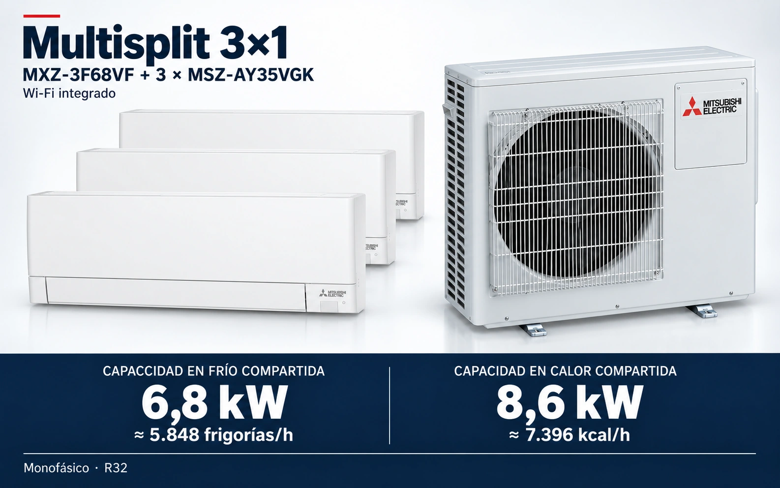 Representación ilustrativa Multisplit 3×1: MXZ-3F68VF + 3 × MSZ-AY35VGK. Capacidad en frío compartida: 6.8 kW, aproximadamente 5848 frigorías por hora. Capacidad en calor: 8.6 kW. Render basado en fotografías de referencia; originales en la galería, no a escala.