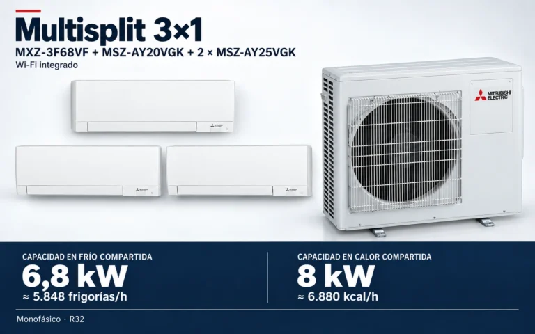 Representación ilustrativa Multisplit 3×1: MXZ-3F68VF + MSZ-AY20VGK + 2 × MSZ-AY25VGK. Capacidad en frío compartida: 6.8 kW, aproximadamente 5848 frigorías por hora. Capacidad en calor: 8 kW. Render basado en fotografías de referencia; originales en la galería, no a escala.