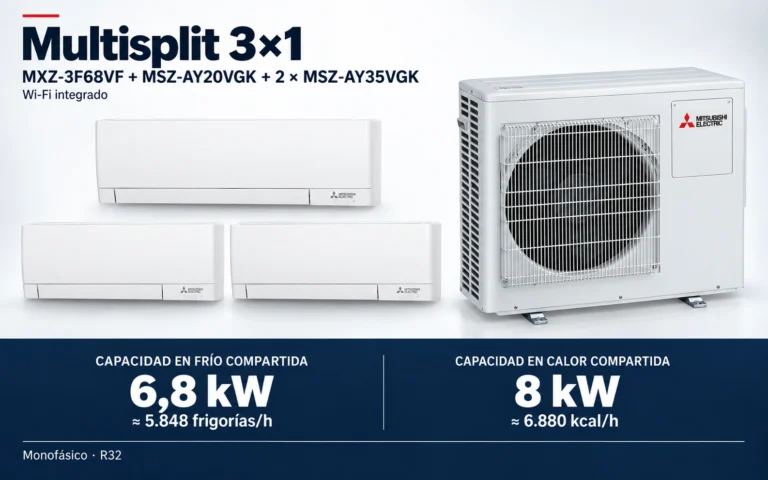 Representación ilustrativa Multisplit 3×1: MXZ-3F68VF + MSZ-AY20VGK + 2 × MSZ-AY35VGK. Capacidad en frío compartida: 6.8 kW, aproximadamente 5848 frigorías por hora. Capacidad en calor: 8 kW. Render basado en fotografías de referencia; originales en la galería, no a escala.
