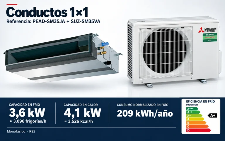 Representación ilustrativa Conductos 1×1: PEAD-SM35JA + SUZ-SM35VA. Capacidad en frío: 3.6 kW, aproximadamente 3096 frigorías por hora. Capacidad en calor: 4.1 kW. Eficiencia en frío A+. Consumo anual normalizado en frío: 209 kWh. Render basado en fotografías de referencia; originales en la galería, no a escala.