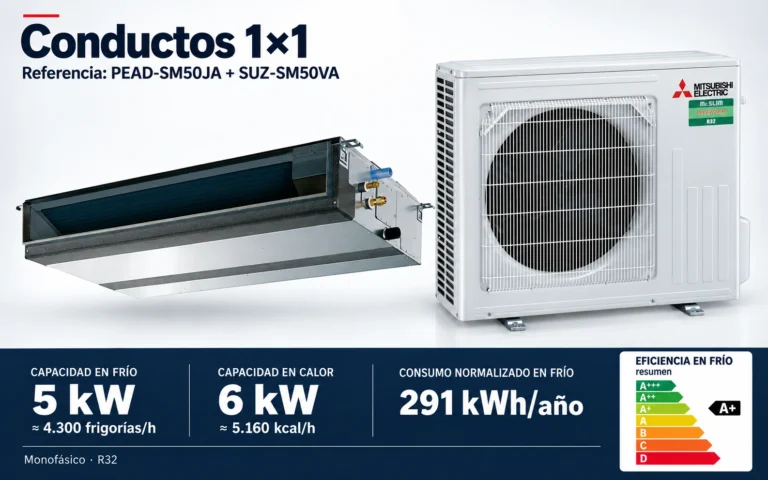 Representación ilustrativa Conductos 1×1: PEAD-SM50JA + SUZ-SM50VA. Capacidad en frío: 5 kW, aproximadamente 4300 frigorías por hora. Capacidad en calor: 6 kW. Eficiencia en frío A+. Consumo anual normalizado en frío: 291 kWh. Render basado en fotografías de referencia; originales en la galería, no a escala.