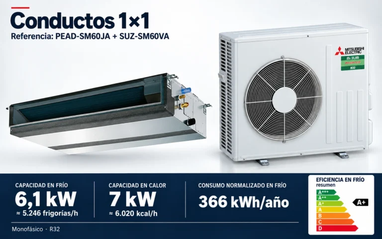 Representación ilustrativa Conductos 1×1: PEAD-SM60JA + SUZ-SM60VA. Capacidad en frío: 6.1 kW, aproximadamente 5246 frigorías por hora. Capacidad en calor: 7 kW. Eficiencia en frío A+. Consumo anual normalizado en frío: 366 kWh. Render basado en fotografías de referencia; originales en la galería, no a escala.
