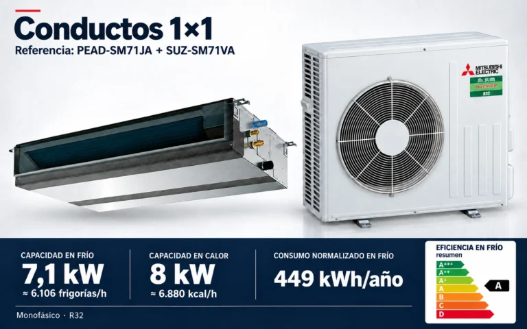 Representación ilustrativa Conductos 1×1: PEAD-SM71JA + SUZ-SM71VA. Capacidad en frío: 7.1 kW, aproximadamente 6106 frigorías por hora. Capacidad en calor: 8 kW. Eficiencia en frío A. Consumo anual normalizado en frío: 449 kWh. Render basado en fotografías de referencia; originales en la galería, no a escala.