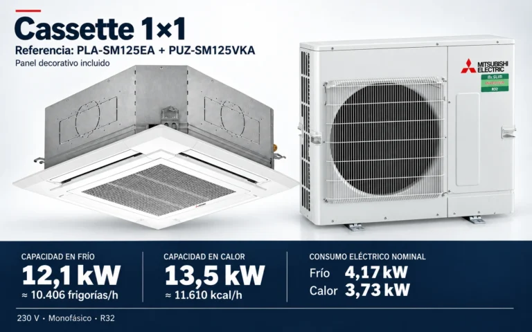 Representación ilustrativa Cassette 1×1: PLA-SM125EA + PUZ-SM125VKA. Capacidad en frío: 12.1 kW, aproximadamente 10406 frigorías por hora. Capacidad en calor: 13.5 kW. Consumo eléctrico nominal: 4.17 kW en frío y 3.73 kW en calor. Panel decorativo incluido. Render basado en fotografías de referencia; originales en la galería, no a escala.
