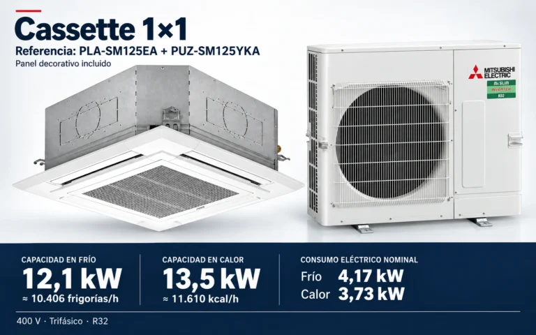 Representación ilustrativa Cassette 1×1: PLA-SM125EA + PUZ-SM125YKA. Capacidad en frío: 12.1 kW, aproximadamente 10406 frigorías por hora. Capacidad en calor: 13.5 kW. Consumo eléctrico nominal: 4.17 kW en frío y 3.73 kW en calor. Panel decorativo incluido. Render basado en fotografías de referencia; originales en la galería, no a escala.