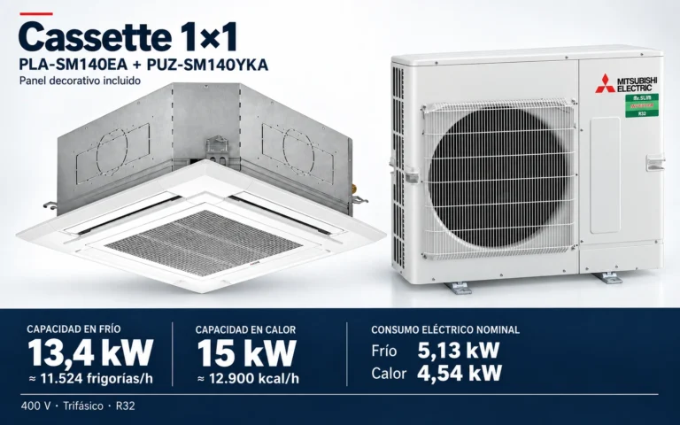 Representación ilustrativa Cassette 1×1: PLA-SM140EA + PUZ-SM140YKA. Capacidad en frío: 13.4 kW, aproximadamente 11524 frigorías por hora. Capacidad en calor: 15 kW. Consumo eléctrico nominal: 5.13 kW en frío y 4.54 kW en calor. Panel decorativo incluido. Render basado en fotografías de referencia; originales en la galería, no a escala.