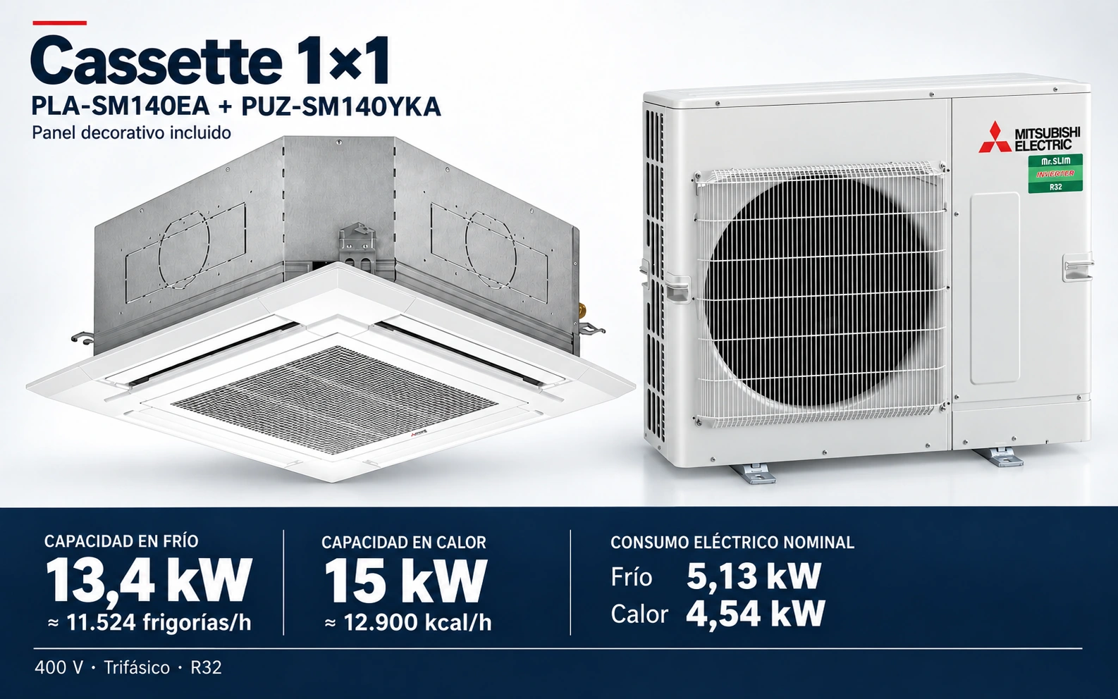 Representación ilustrativa Cassette 1×1: PLA-SM140EA + PUZ-SM140YKA. Capacidad en frío: 13.4 kW, aproximadamente 11524 frigorías por hora. Capacidad en calor: 15 kW. Consumo eléctrico nominal: 5.13 kW en frío y 4.54 kW en calor. Panel decorativo incluido. Render basado en fotografías de referencia; originales en la galería, no a escala.