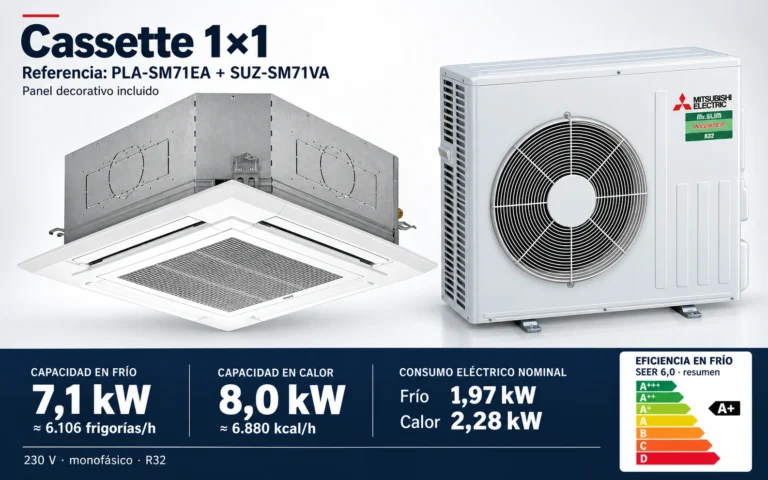 Representación ilustrativa Cassette 1×1: PLA-SM71EA + SUZ-SM71VA. Capacidad en frío: 7.1 kW, aproximadamente 6106 frigorías por hora. Capacidad en calor: 8 kW. Eficiencia en frío A+. Consumo eléctrico nominal: 1.97 kW en frío y 2.28 kW en calor. Panel decorativo incluido. Render basado en fotografías de referencia; originales en la galería, no a escala.