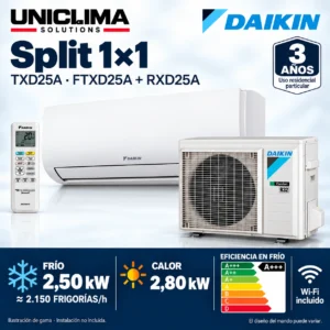 Aire acondicionado split 1x1 Daikin Comfora TXD25A · 2.150 FRIGORÍAS; conjunto e información técnica, ilustración de gama — Uniclima