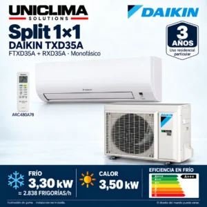 Aire acondicionado split 1x1 Daikin Comfora TXD35A · 2.838 FRIGORÍAS; conjunto e información técnica, ilustración de gama — Uniclima