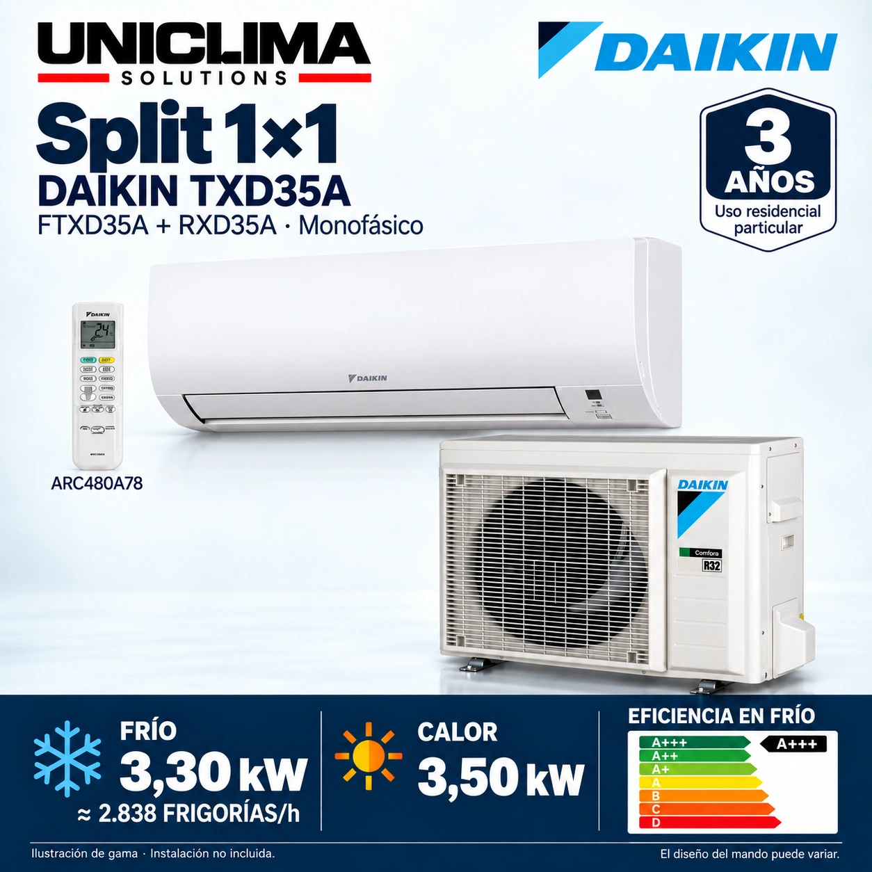 Daikin TXD35A set: FTXD35A + RXD35A + ARC480A78. Range illustration.