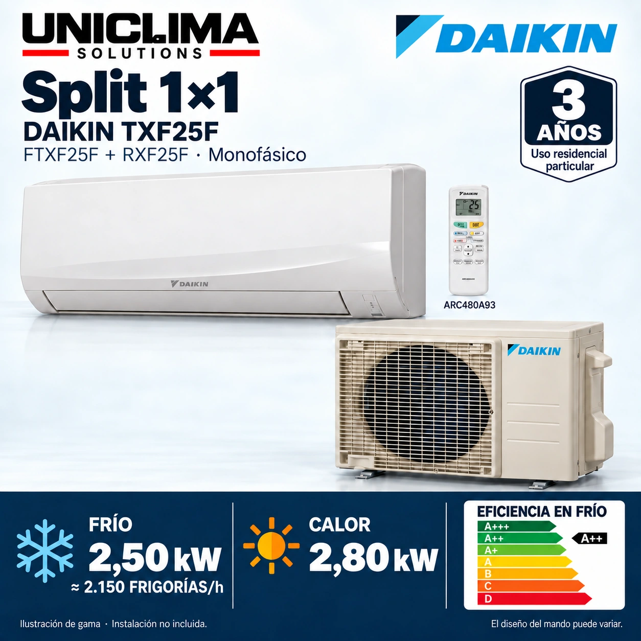 Ensemble Daikin TXF25F : FTXF25F + RXF25F + ARC480A93. Illustration de la gamme.