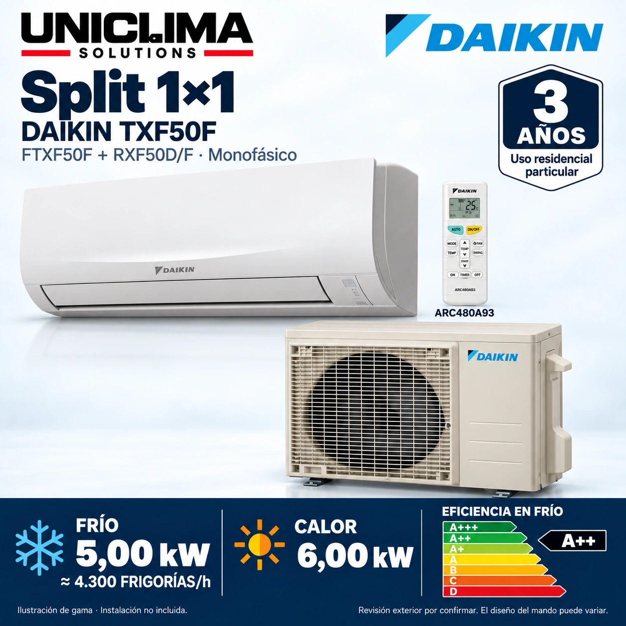 Ensemble Daikin TXF50F : FTXF50F + RXF50D/F + ARC480A93. Illustration de la gamme.