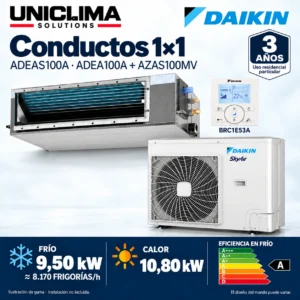 Aire acondicionado por conductos Daikin ADEAS100A · 9,50 kW monofásico; conjunto e información técnica, ilustración de gama — Uniclima