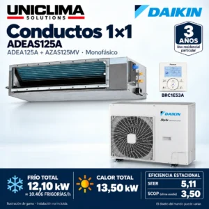 Aire acondicionado por conductos Daikin ADEAS125A · 12,10 kW monofásico; conjunto e información técnica, ilustración de gama — Uniclima