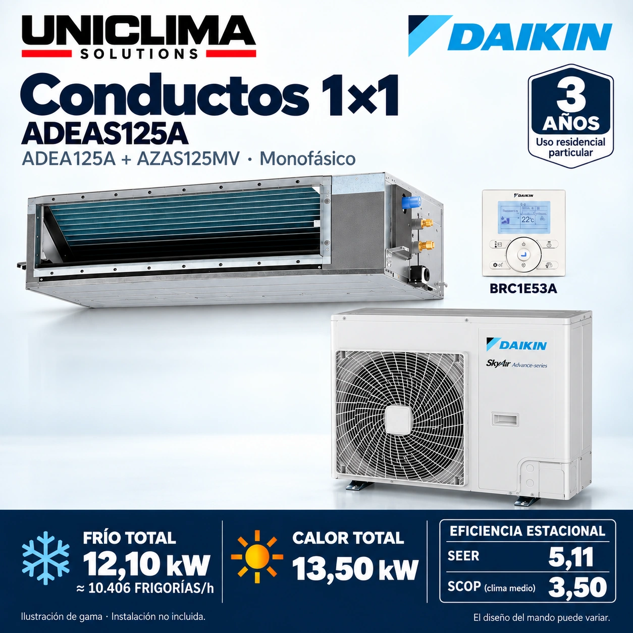Daikin ADEAS125A Set · einphasig: ADEA125A + AZAS125MV + BRC1E53A. Abbildung der Produktreihe.