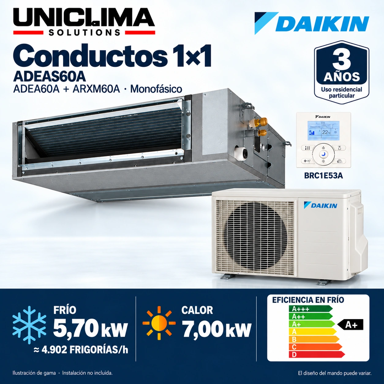 Ensemble Daikin ADEAS60A · monophasé : ADEA60A + ARXM60A + BRC1E53A. Illustration de la gamme.