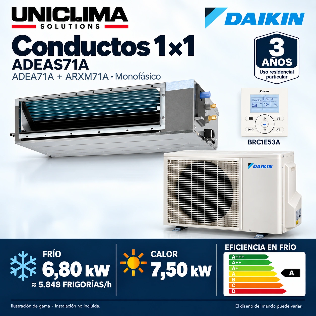 Daikin ADEAS71A Set · einphasig: ADEA71A + ARXM71A + BRC1E53A. Abbildung der Produktreihe.