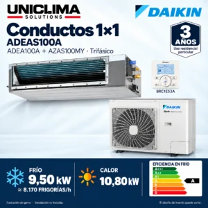 Aire acondicionado por conductos Daikin ADEAS100A · 9,50 kW trifásico; conjunto e información técnica, ilustración de gama — Uniclima