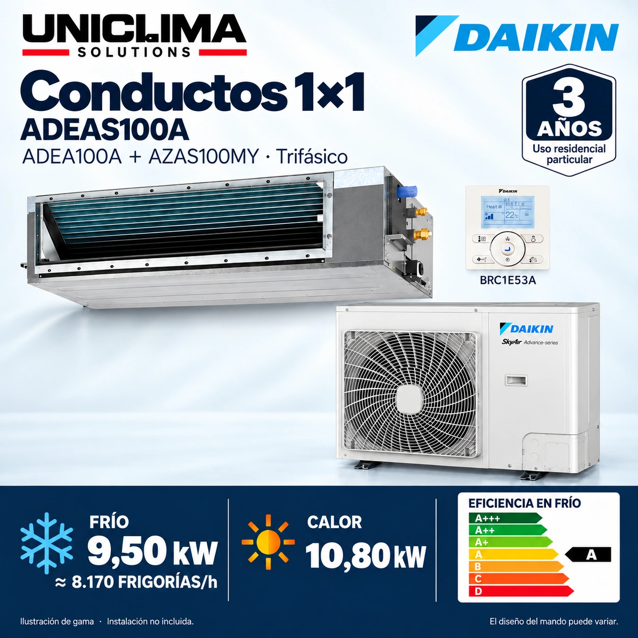 Daikin ADEAS100A Set · dreiphasig: ADEA100A + AZAS100MY + BRC1E53A. Abbildung der Produktreihe.