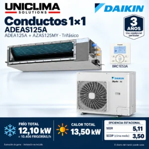 Aire acondicionado por conductos Daikin ADEAS125A · 12,10 kW trifásico; conjunto e información técnica, ilustración de gama — Uniclima