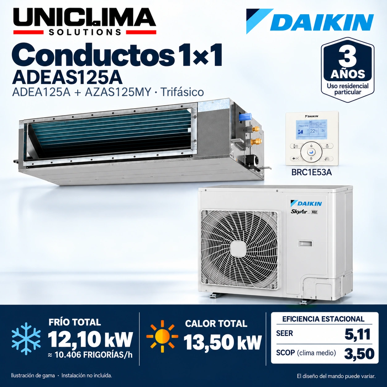Conjunto Daikin ADEAS125A · trifase: ADEA125A + AZAS125MY + BRC1E53A. Illustrazione della gamma.