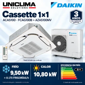 Aire acondicionado cassette Daikin ACAS100 · 9,50 kW monofásico; conjunto e información técnica, ilustración de gama — Uniclima