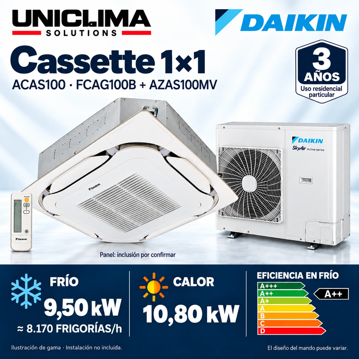Daikin ACAS100 · einphasig: FCAG100B + AZAS100MV + BRC7FA532F. Abbildung der Produktreihe.
