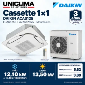 Aire acondicionado cassette Daikin ACAS125 · 12,10 kW monofásico; conjunto e información técnica, ilustración de gama — Uniclima