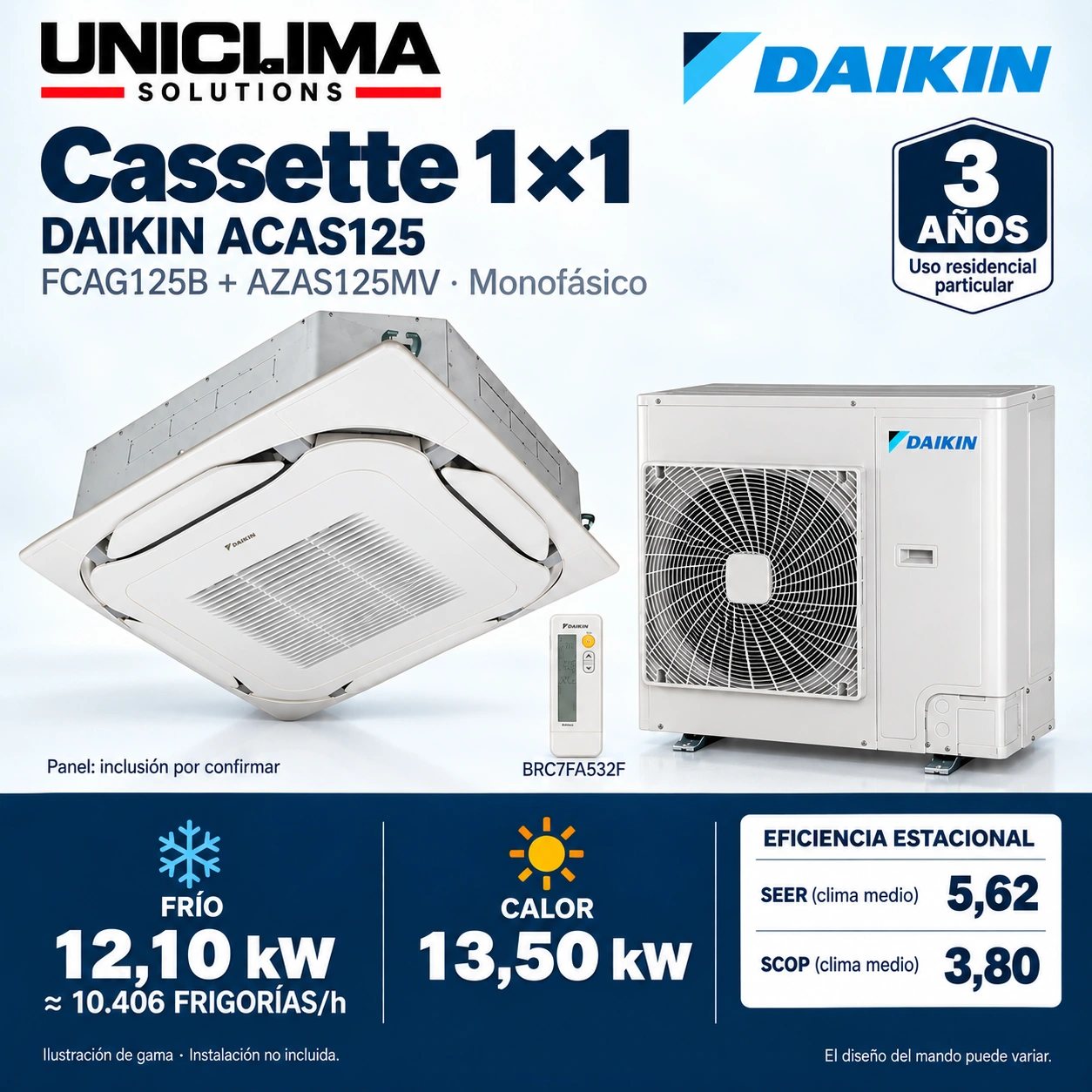 Daikin ACAS125 · einphasig: FCAG125B + AZAS125MV + BRC7FA532F. Abbildung der Produktreihe.