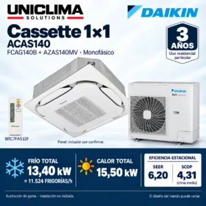 Aire acondicionado cassette Daikin ACAS140 · 13,40 kW monofásico; conjunto e información técnica, ilustración de gama — Uniclima
