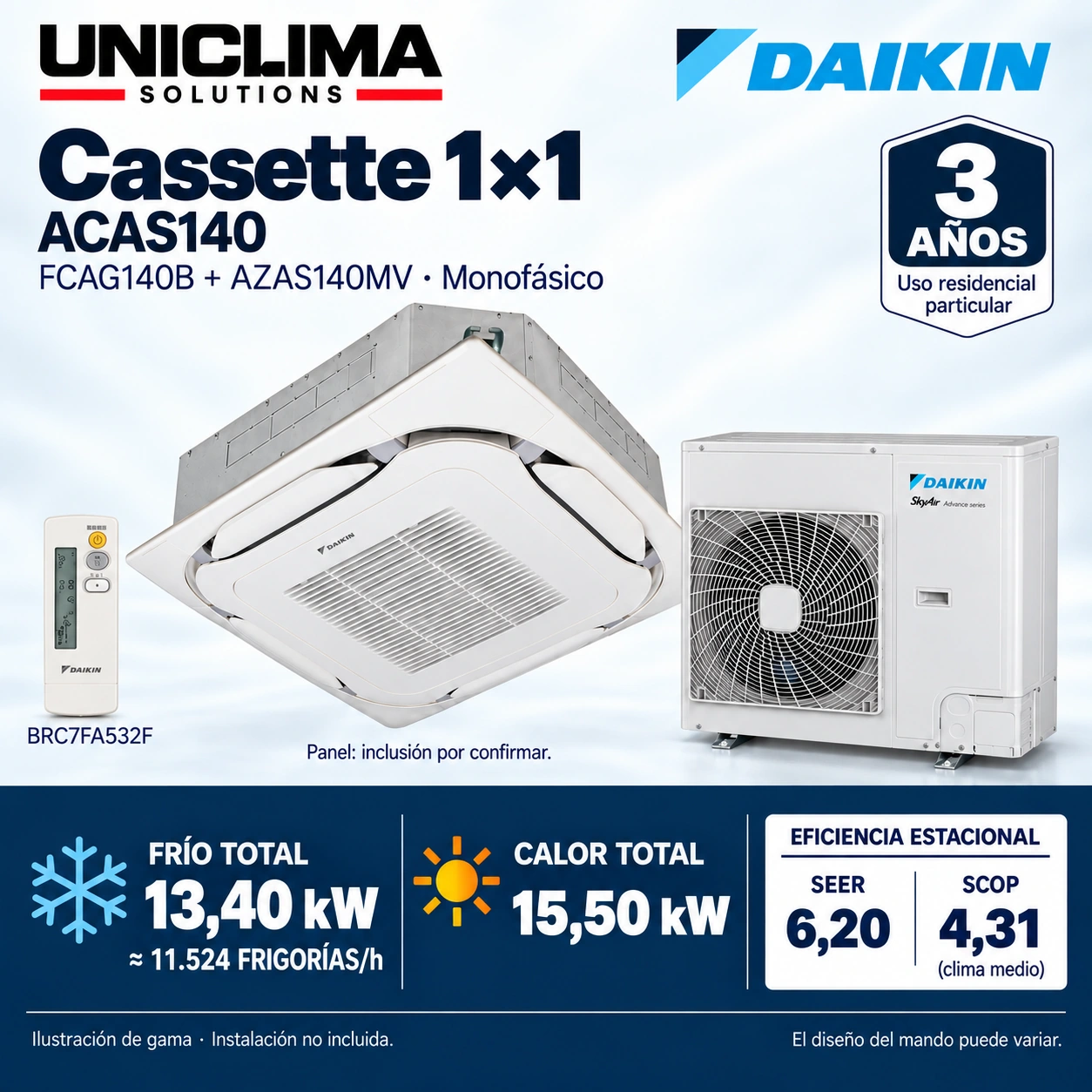 Ensemble Daikin ACAS140 · monophasé : FCAG140B + AZAS140MV + BRC7FA532F. Illustration de la gamme.