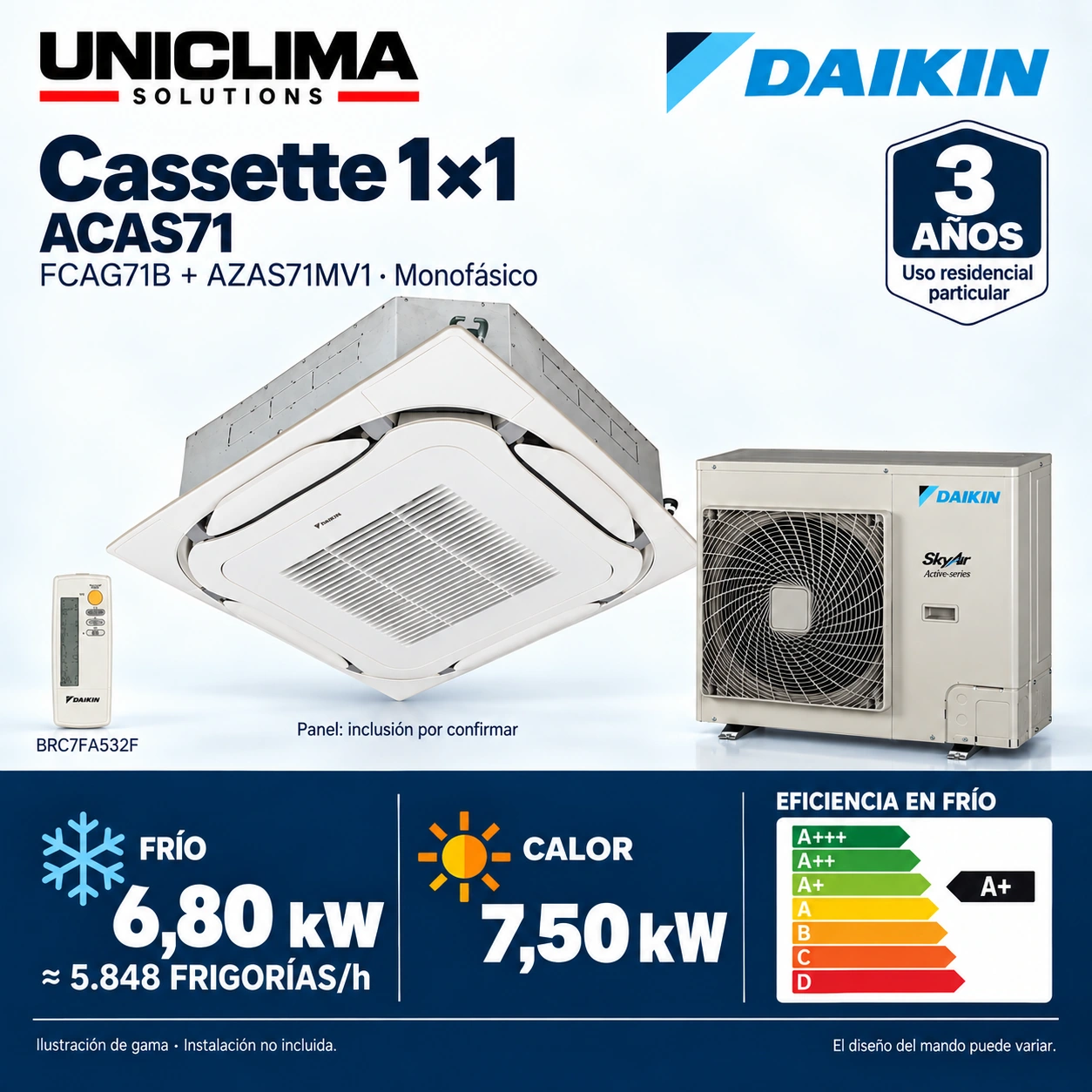 Daikin ACAS71 · einphasig: FCAG71B + AZAS71MV1 + BRC7FA532F. Abbildung der Produktreihe.