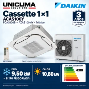 Aire acondicionado cassette Daikin ACAS100Y · 9,50 kW trifásico; conjunto e información técnica, ilustración de gama — Uniclima