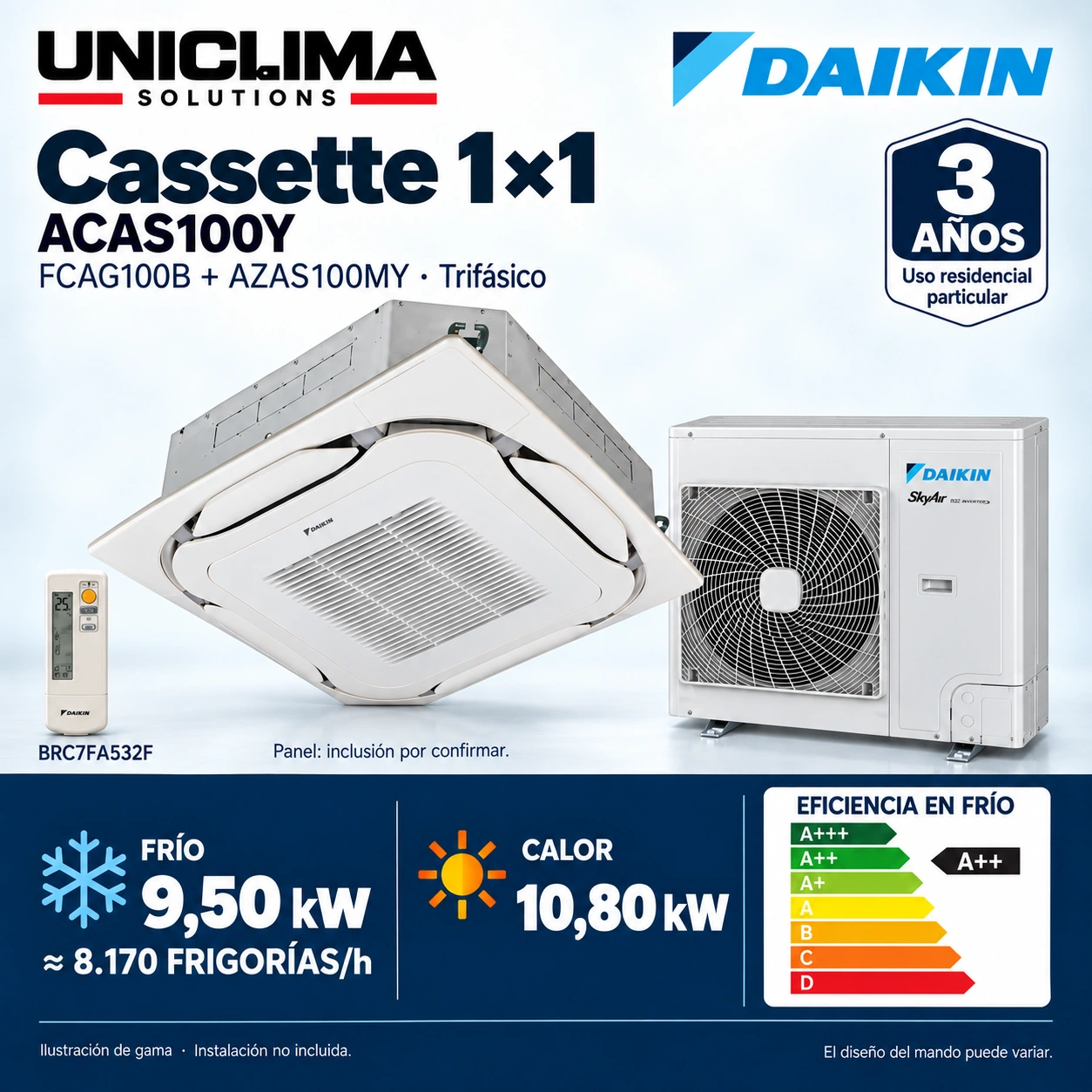 Daikin ACAS100Y · dreiphasig: FCAG100B + AZAS100MY + BRC7FA532F. Abbildung der Produktreihe.