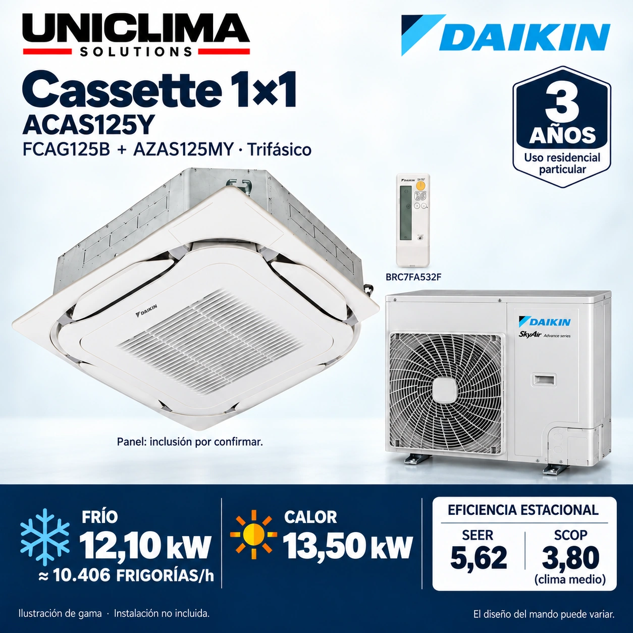 Daikin ACAS125Y · dreiphasig: FCAG125B + AZAS125MY + BRC7FA532F. Abbildung der Produktreihe.