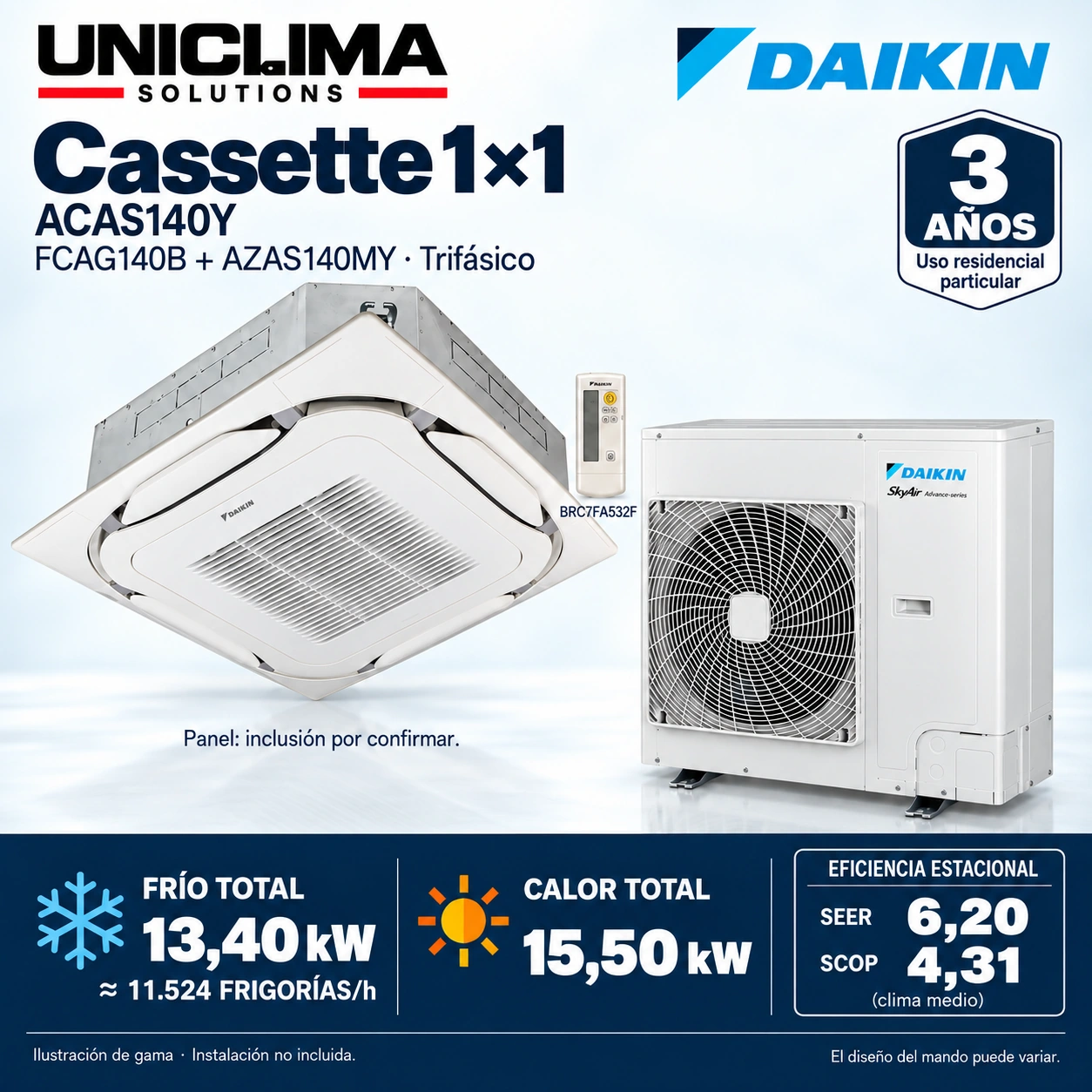 Daikin ACAS140Y · dreiphasig: FCAG140B + AZAS140MY + BRC7FA532F. Abbildung der Produktreihe.