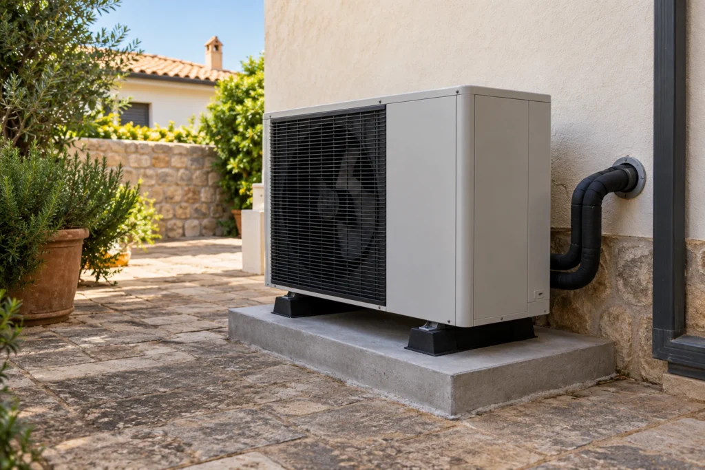 Outdoor unit of an air-to-water heat pump in a patio
