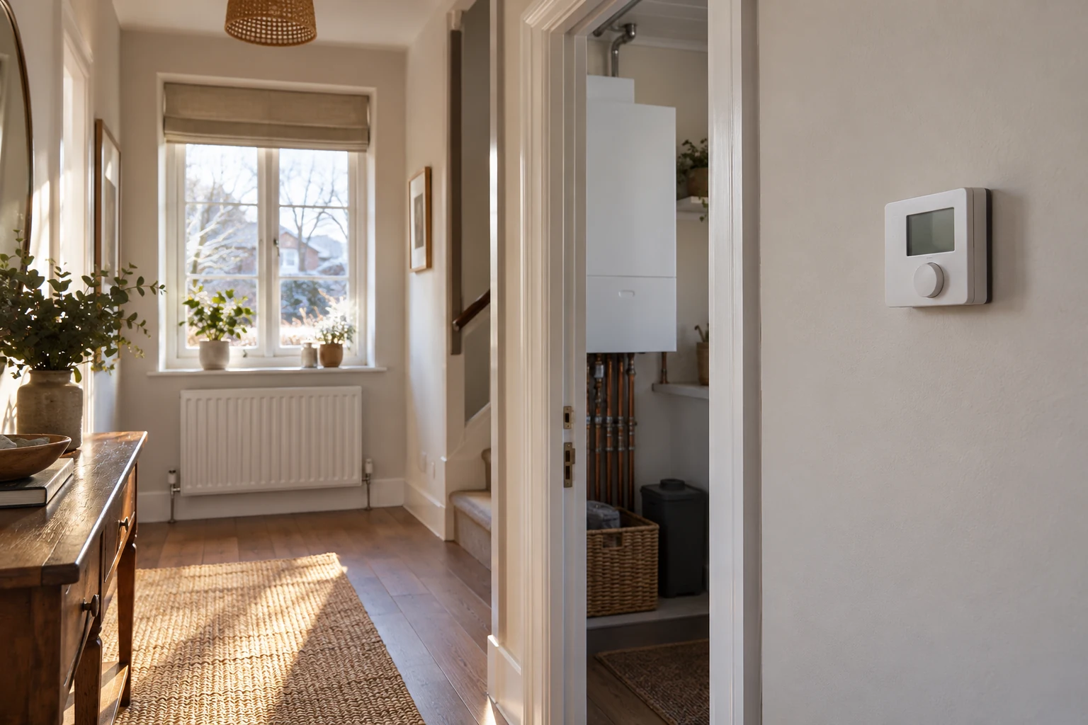 Room thermostat next to a room with a radiator