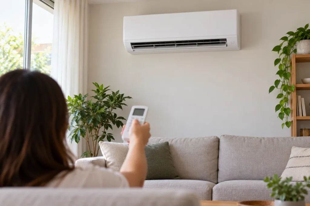 Equipo de aire acondicionado y mando en una vivienda; escena editorial ilustrativa
